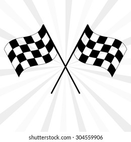 Crossed black and white checkered flags logo waving in the wind conceptual of motor sport, isolated on white