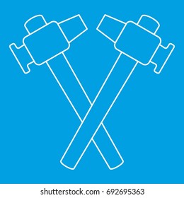 Crossed blacksmith hammer icon blue outline style isolated vector illustration. Thin line sign