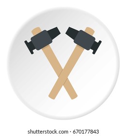 Crossed blacksmith hammer icon in flat circle isolated vector illustration for web