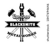 Crossed blacksmiths tools vector illustration. Hammers and pliers, ribbon with text. Craft and metalwork concept for emblems or labels templates