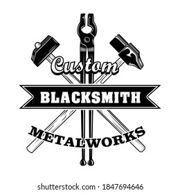 Crossed blacksmiths tools vector illustration. Hammers and pliers, ribbon with text. Craft and metalwork concept for emblems or labels templates