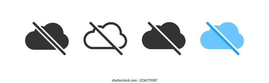 Icono de contorno de nube azul cruzado. Concepto de desconexión. Símbolo de conexión perdida. Señal incorrecta, error 404. Diseño plano. Ilustración vectorial.