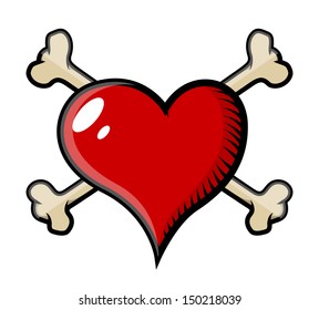 Crossed Bones Heart Tattoo - Vector Cartoon Illustration