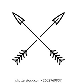 Crossed bow arrows icon. Black outline linear silhouette. Editable strokes. Front side view. Vector simple flat graphic illustration. Isolated object on white background. Isolate.
