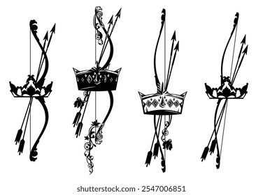 crossed bow and arrows inside royal crown decorated with rose flowers - medieval fantasy style archery and security concept black and white vector design set