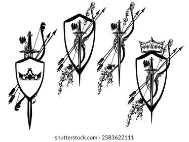 crossed bow and arrows with knight sword, royal crown, heraldic shield and rose flowers - medieval fantasy style archery and security concept black and white vector design set