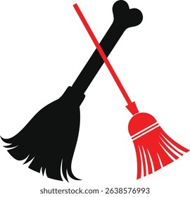 Crossed Broom and Bone Symbol. Broom black and red vector