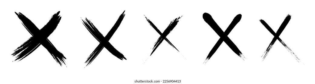 Crossed brush strokes. X black mark set. Cross sign graphic symbol. Vector illustration isolated on white background.