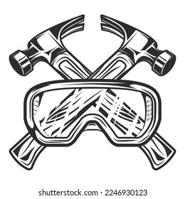 Crossed builder hammers from new construction and remodeling house business with safety glasses in monochrome vintage style illustration 