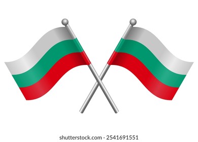 Crossed Bulgaria Flags Vector Illustration – 3D Style with Silver Flagpoles, Isolated on White Background, Editable and Scalable EPS for Posters, Icons, and Graphic Design Projects