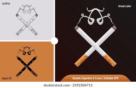 Crossed Burning Cigarette in X pose with devil smoke. No Smoking Warning Sign. Vector illustration in 3 variation graphic style, realistic flat 3d, outline icon, black fill icon. Editable EPS.