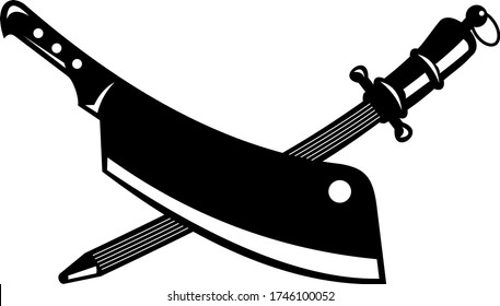 Crossed Butcher Knife Meat Cleaver and Sharpener Steel Rod Retro Woodcut Black and White