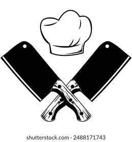 Cuchillo de carnicero cruzado y logo del sombrero de chef. Ilustración vectorial de utensilios de cocina. Logotipo de carnicería