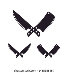 crossed butchery and chef knife silhouette logo design inspiration template. Knife cross sign for Butcher. meat Logo Design
