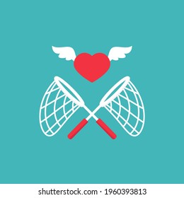 Crossed Butterfly nets with heart. Catch, hunt, chase popularity or sympathy. Achieve love or dreams concept.  Vector illustration isolated on blue background. 
