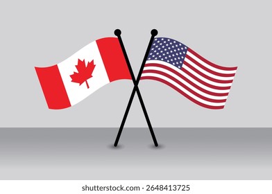 Crossed Canadian and American Flags Illustrate Partnership. Correct Proportion Banner Design.