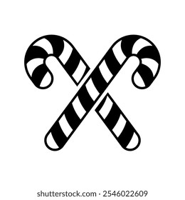 Crossed candy canes icon. Black silhouette. Front side view. Vector simple flat graphic illustration. Isolated object on white background. Isolate.