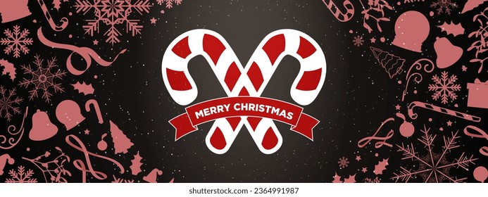 Crossed Candy Canes with Merry Christmas Ribbon Greetings. Red and brown gradient banner with decorative christmas elements framed to center. Vector Illustration. 