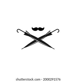 Crossed cane umbrellas with mustache. Vintage gentleman club logo. Flat icon isolated on white. Vector illustration. Retro barber logo. Father day or hipster clip art.