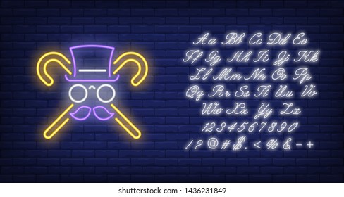 Crossed canes, hat, pince-nez and moustache neon sign. Gentleman concept design. Night bright neon sign, colorful billboard, light banner. Vector illustration in neon style.