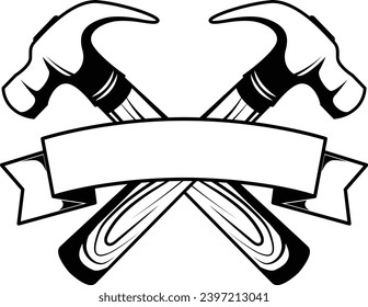 Crossed carpenter hammer with banner illustration