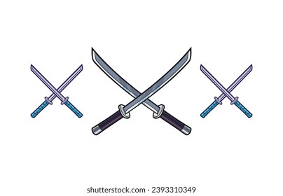 crossed cartoon samurai katana vector icon set isolated on white background