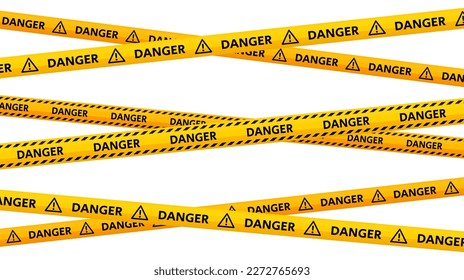 Cintas de precaución cruzadas. Rayas de advertencia de peligro amarillas y negras. Construcción repetitiva, peligro, vendajes de peligro. Zonas de restricción y prohibición cintas adhesivas. Vector