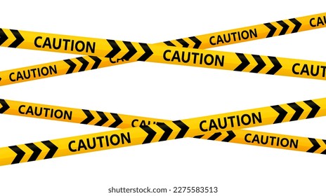 Crossed caution tapes. Yellow and black warning stripes. Construction, hazard, danger sellotape. Restriction and prohibition zones adhesive tapes. Vector