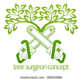 A crossed chainsaws and tree Tree Surgeon or gardener concept design