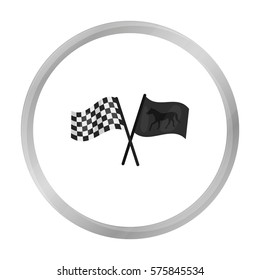 Crossed checkered and equestrian flags icon in monochrome style isolated on white background. Hippodrome and horse symbol stock vector illustration.