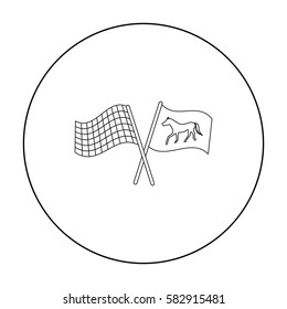 Crossed checkered and equestrian flags icon in outline style isolated on white background. Hippodrome and horse symbol stock vector illustration.