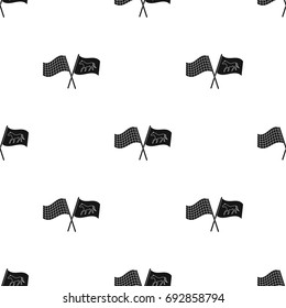 Crossed checkered and equestrian flags icon in black style isolated on white background. Hippodrome and horse symbol stock vector illustration.