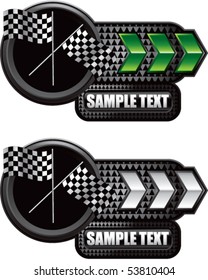 crossed checkered flags green and white arrow nameplates