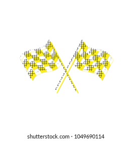 Crossed checkered flags logo waving in the wind conceptual of motor sport. Vector. Yellow icon with square pattern duplicate at white background. Isolated.