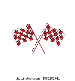 Crossed checkered flags logo waving in the wind conceptual of motor sport. Vector. Brown icon with shifted black circle pattern as duplicate at white background. Isolated.