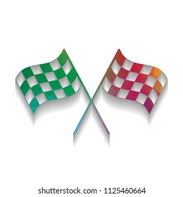 Crossed checkered flags logo waving in the wind conceptual of motor sport. Vector. Colorful icon with bright texture of mosaic with soft shadow on white background. Isolated.