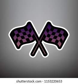 Crossed checkered flags logo waving in the wind conceptual of motor sport. Vector. Violet gradient icon with black and white linear edges at gray background.