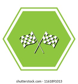 Crossed checkered flags logo waving in the wind conceptual of motor sport. Vector. White icon with black shadow at yellow green honeycomb on white background.