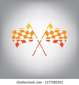 Crossed checkered flags logo waving in the wind conceptual of motor sport. Vector. Horizontally sliced icon with colors from sunny gradient in gray background.