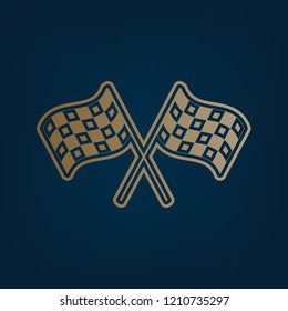 Crossed checkered flags logo waving in the wind conceptual of motor sport. Vector. Golden icon and border at dark cyan background.
