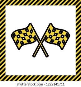 Crossed checkered flags logo waving in the wind conceptual of motor sport. Vector. Warm yellow icon with black contour in frame named as under construction at white background. Isolated.