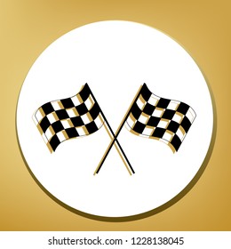Crossed checkered flags logo waving in the wind conceptual of motor sport. Vector. Black icon with light brown shadow in white circle with shaped ring at golden background.