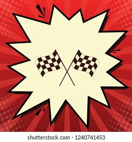 Crossed checkered flags logo waving in the wind conceptual of motor sport. Vector. Dark red icon in lemon chiffon shutter bubble at red popart background with rays.