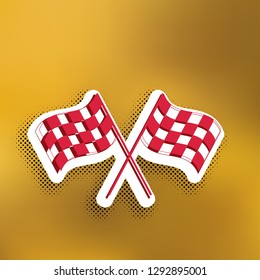 Crossed checkered flags logo waving in the wind conceptual of motor sport. Vector. Magenta icon with darker shadow, white sticker and black popart shadow on golden background.