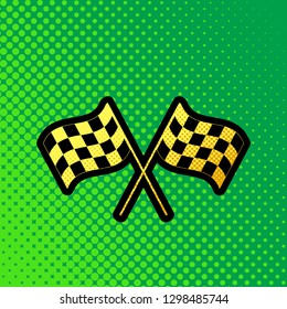 Crossed checkered flags logo waving in the wind conceptual of motor sport. Vector. Pop art orange to yellow dots-gradient icon with black contour at greenish background.