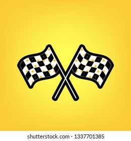 Crossed checkered flags logo waving in the wind conceptual of motor sport. Vector. Yellow polka dot white icon with black contour at warm yellow background.