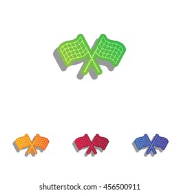 Crossed checkered flags logo waving in the wind conceptual of motor sport. Colorfull applique icons set.