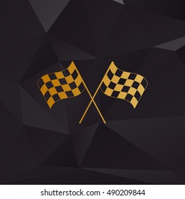 Crossed checkered flags logo waving in the wind conceptual of motor sport. Golden style on background with polygons.
