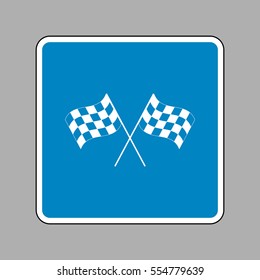 Crossed checkered flags logo waving in the wind conceptual of motor sport. White icon on blue sign as background.