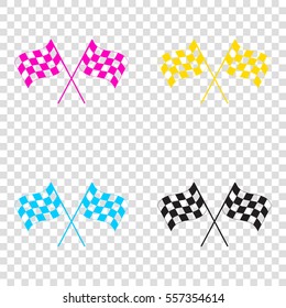 Crossed checkered flags logo waving in the wind conceptual of motor sport. CMYK icons on transparent background. Cyan, magenta, yellow, key, black.